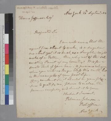 Palmira Johnson, New York, letter to Thomas Jefferson