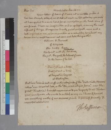 Thomas Jefferson, Monticello, letter to Peachy Ridgeway Gilmer