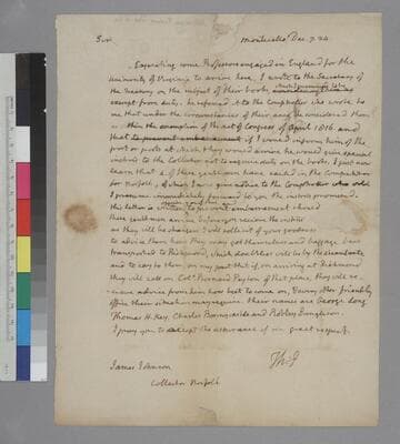 Thomas Jefferson, Monticello, letter to James Johnson, Norfolk