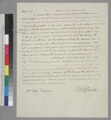 Thomas Jefferson, Monticello, letter to John Barnes