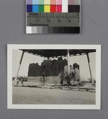 An adobe building in Mesa Grande, Arizona, with a protective awning