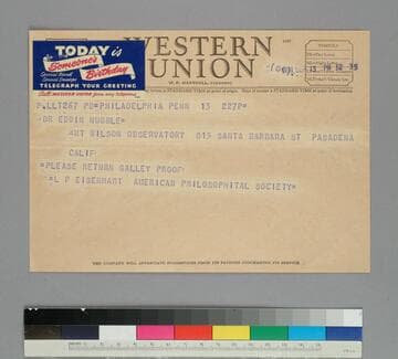 Luther Eisenhart, executive officer of the American Philosophical Society, wires EPH