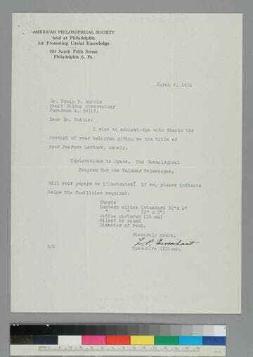 Luther Eisenhart, executive officer of the American Philosophical Society, thanks EPH