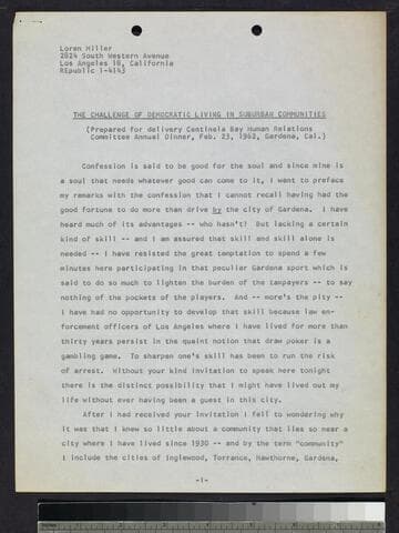 Speech: "The Challenge of Democratic Living in Suburban Communities"