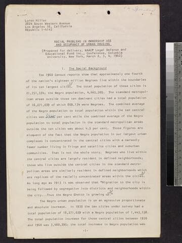 Speech: "Racial Problems in Ownership, Use and Occupancy of Urban Housing"