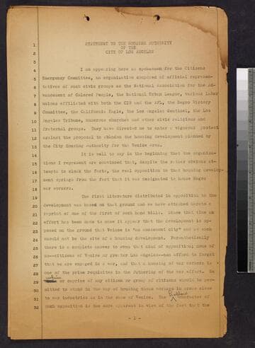 "Statement to the Housing Authority of the City of Los Angeles" and "Housing"