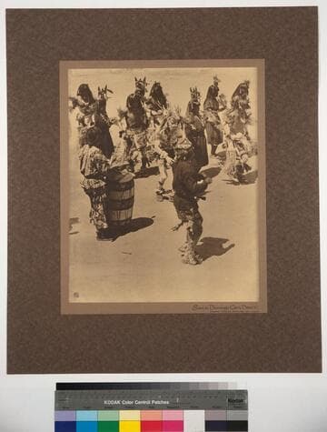 Santo Domingo Corn Dance. Showing Chanter, Drummer and Clown