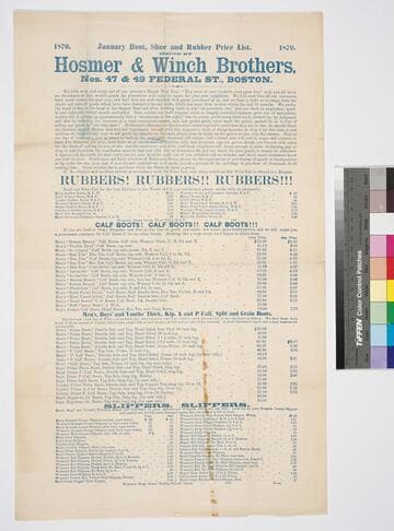 January boot, shoe and rubber price list. issued by Hosmer & Winch Brothers, nos. 47 & 49 Federal St. Boston