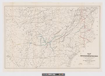 Map of United States military railroads, showing the rail roads operated during the war from 1862-1866, as military lines, under the direction of Bvt. Brig. Gen. D. C. McCallum, Director and General Manager, 1866