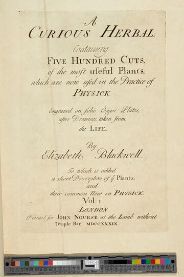 A curious herbal, : containing five hundred cuts, of the most useful plants, which are now used in the practice of physick. Engraved on folio copper plates, after drawings taken from the life. / By Elizabeth Blackwell. To which is added a short description of ye plants; and their common uses in physick. Vol: I