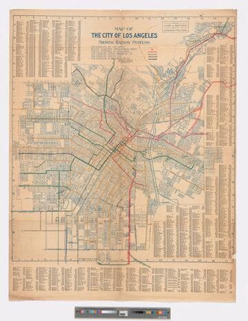 Map of the City of Los Angeles showing railway system. / Issued by Laura L. Whitlock for sale at leading hotels and news stands