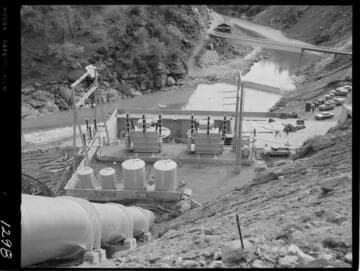 Big Creek - Mammoth Pool - Oil tanks and transformers at back of Powerhouse from Penstock Anchor "B"