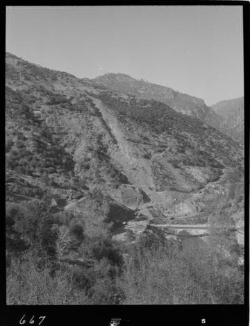 Big Creek - Mammoth Pool - General view of powerhouse area showing powerhouse and penstock excavation