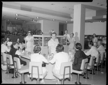 Cafeteria lunch counter and kitchen