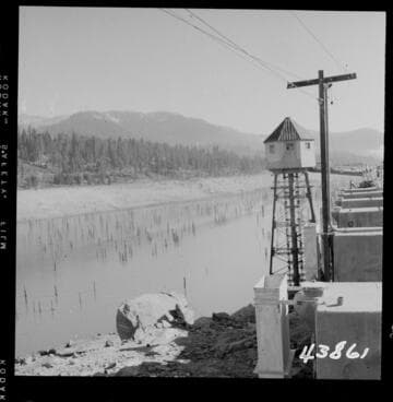 Big Creek, Huntington Lake Dams - West end of dam - showing intake structure and low lake level