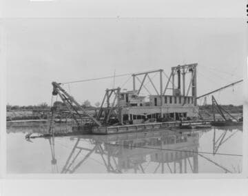 The "Brawley" was one of the Imperial Irrigation District's several electric dredgers, shown here in about 1920 removing silt from the main canal in Baja California