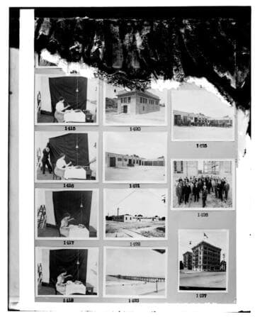 This is a multi-image negative that depicts electric appliance photos, grop shots, Santa Monica Pier, L.A. #1 and Young Apartments. Undamaged images included on the plate are copies of original negatives: 02 - 01415; 02