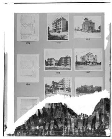 This is a multi-image negative that depicts charts and apartment buildings. Undamaged images included on the plate are copies of original negatives: 02 - 00679; 02
