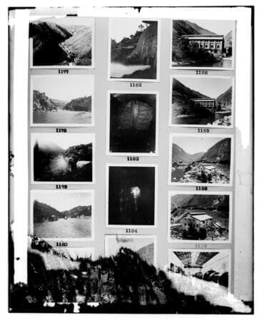 This is a multi-image negative that depicts Kern River #1 construction. Undamaged images included on the plate are copies of original negatives: 02 - 01177; 02