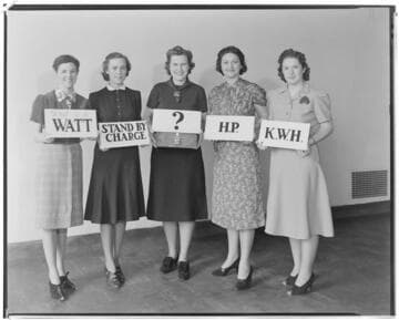 Five women holding signs advertising electricity