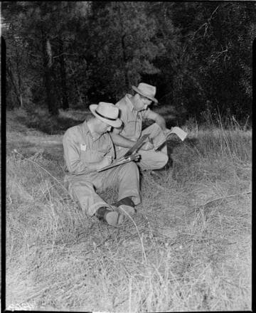 Two men filling out forms in forest