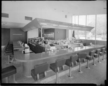 Cafeteria counter and kitchen at Pokey's restaurant