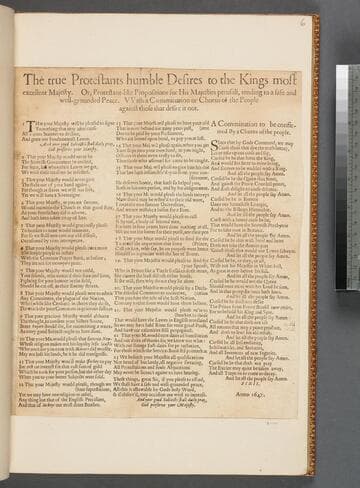 The true Protestants humble desires to the Kings most excellent Majesty. Or, Protestant-like propositions for His Majesties perusall, tending to a safe and well-grounded peace. VVith a commination or chorus of the people against those that desire it not