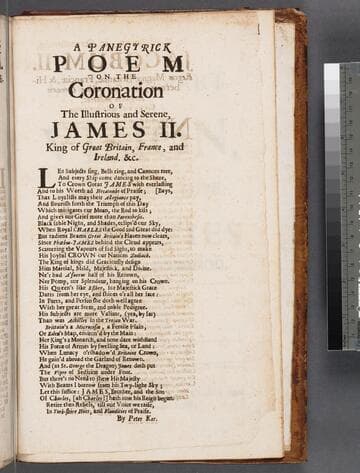In illustrissimum, ac serenissimum, Jacobum II. Regem Magnae Britaniae, Franciae, & Hiberniae, &c. cum publice coronam regalem indueret, carmen epiphōnētikon = A panegyrick poem on the coronation of the illustrious and serene, James II. King of Great Britain, France, and Ireland, &c