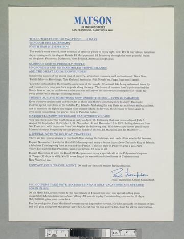 Letter advertising South Seas cruise