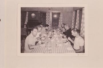 Dinner at Phantom Ranch.  At left:  Aleson, McConkie, Walker, Garth Marston and Bruce Wilson.  Right:  Neill Wilson, Aleson, Dock Marston and Nevills