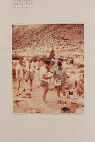 First camp of cruise; above Soap Creek. Pictured are: Willie Taylor, Archeyes Masland, Dock Marston, Garth Marston, Rod Sanderson and Bill Beer