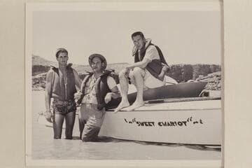 The crew of the "Sweet Chariot" before the start of the Marble and Grand Canyon motor traverse in 1951, June.  Gary Cooper; Johnny Maxson; Clint Seymour.  Paria Riffle