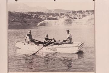 The crew of the "Joan"; end of Grand Canyon traverse of 1947. Left to right: Joe Desloge, Dock Marston and Margaret Marston