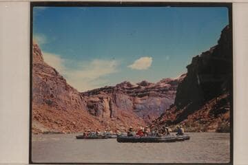 Georgie White's inflated boats at the section below Piute Farms on the San Juan River. Georgie at nearer oar in right hand boat. Last of May