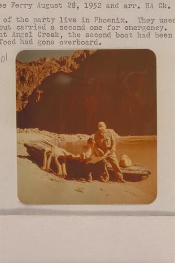 Charles Merritt and David Beardsley at Bright Angel Creek.  They left Lees Ferry 1952, Aug. 28, and arrived Bright Angel Creek Aug. 31