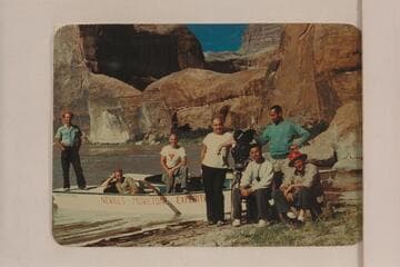 The personnel of the Movietone trip.  Left to right:  Nevills, McConkie, Fulmer, Reek, Zeiss (seated), Kuhne and Lehman (seated).  Hal Rumel took the picture with Fulmer's camera