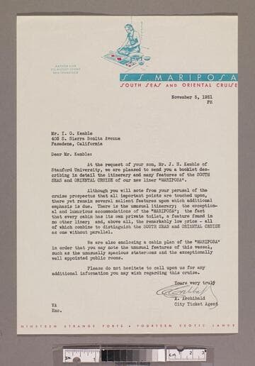 Packet of information for maiden voyage of the SS Mariposa