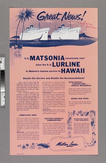 Great news! S. S. Matsonia luxuriously new! Joins the S. S. Lurline