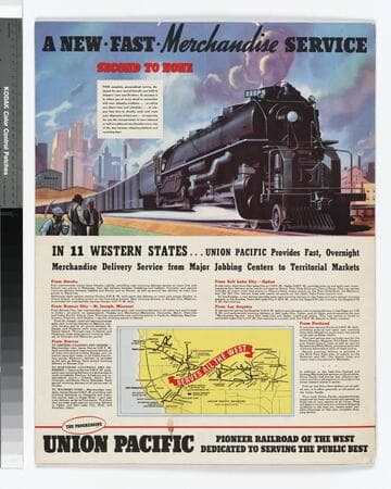 A new fast merchandise service second to none : in 11 western states ... Union Pacific provides fast, overnight merchandise delivery service from major jobbing centers to territorial markets