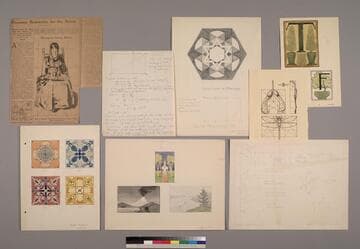 An assembled set of technical/mathematical drawings, designs, and a few clippings