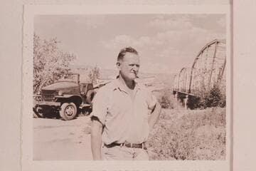 Willie Taylor at end of Green River run in 1947, July. Jensen, Utah. End of his first River trip