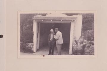 Willie Taylor telling Otis Marston all about the Bohemian Grove about to open  [on photo reverse:  Opening Day, June, 1951]