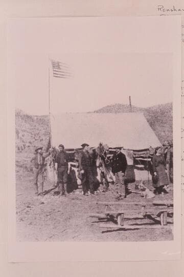 Winter Headquarters of U. S. Colorado River Expedition 1871-1872 at Kanab, south Utah.  In this headquarters tent the first map of the Grand Canyon region was put on paper by Thompson and Dellenbaugh with some work by Renshawe