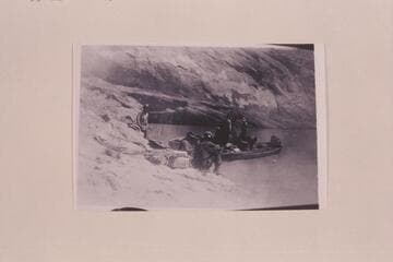 Meeting of the placering crew from Gretchen Bar with a survey party in Glen Canyon. The placer crew were cruising in the outboard motorboat "Mallard" which is farthest from the camera. 1933, Oct.-Nov