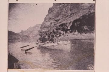 Just below Paria Riffle.  First crew of the "Bonnie Jean.  Stanton in the bow.  Probably Kane at the bow ears.  Probably Gibson at stroke and McDonald at the sweep.  Oar skill is indicated