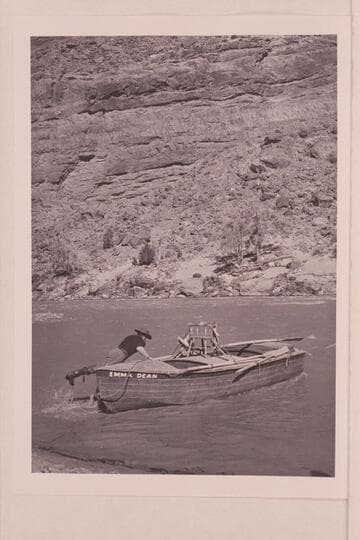 Dan Sheridan, playing Jack Sumner, jumps into the "Emma Dean" to rescue the men from the island at Disaster Rapid. "The Colorado River Story" filmed by Disney above Moab