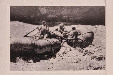 Hatch crew in Warm Springs Rapid, Yampa River.  Boulder, Colorado.  The use of oar pins and the general haywire rig provide dangerous elements to the point of negligence