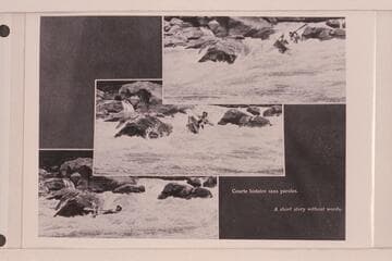 Kayak operation with the French Trio. The scene appears to be at the foot of Triplett Falls in the Canyon of Lodore