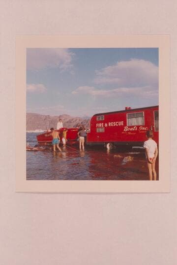 Bill Austin directing launching of jet fire-boat. Landing at Boulder City