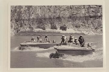 The "Rattlesnake" and the "Bootoo" cruising on upper Lake Mead.  Joe Desloge; Rod Sanderson; Argwen Bundy; and Hugh Cutler are in the "Rattlesnake."  Spence Cavalliere, Joe Eisaman, Dock Marston, and Frank Masland in the "Bootoo."